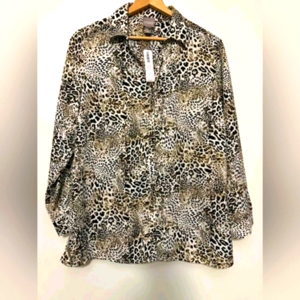 Chico's Leopard Print Button-Up Blouse in Black, Brown, Cream